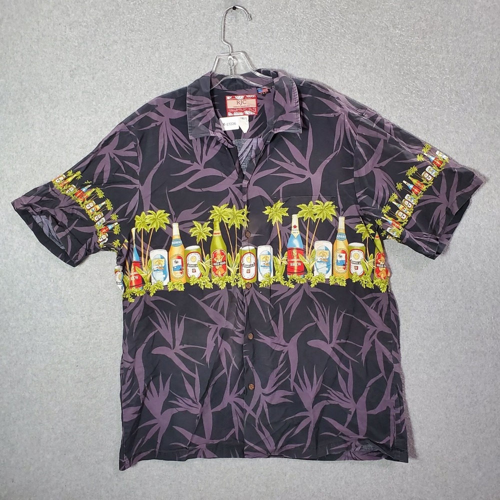 VINTAGE RJC Men Button Up Shirt XL Purple Hawaiian‎ Beer Graphic 90s USA